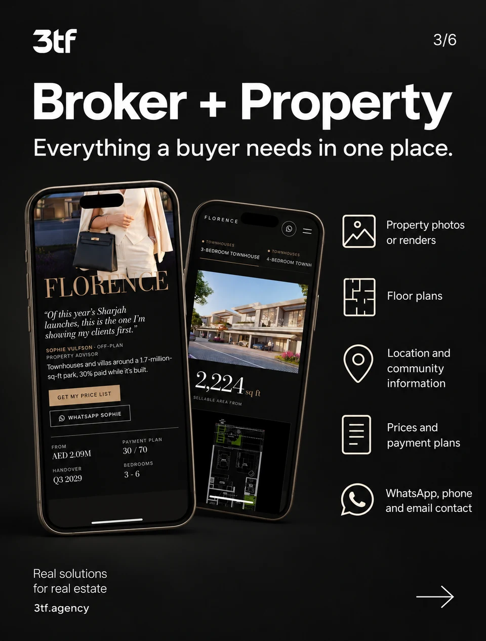 The broker and the property presented together on mobile screens.