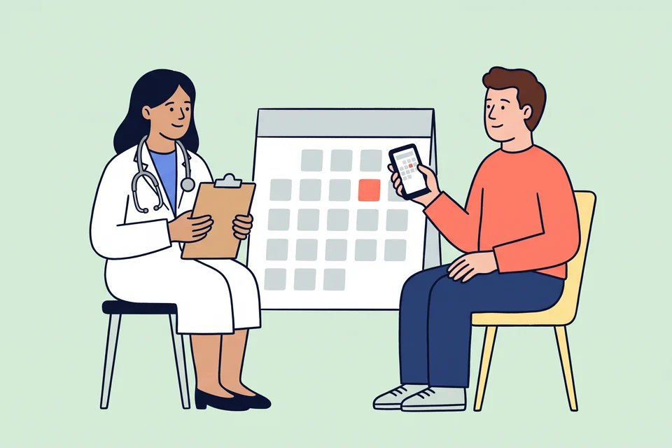 A doctor with a clipboard and a patient holding a phone sit beside a calendar with one day marked.