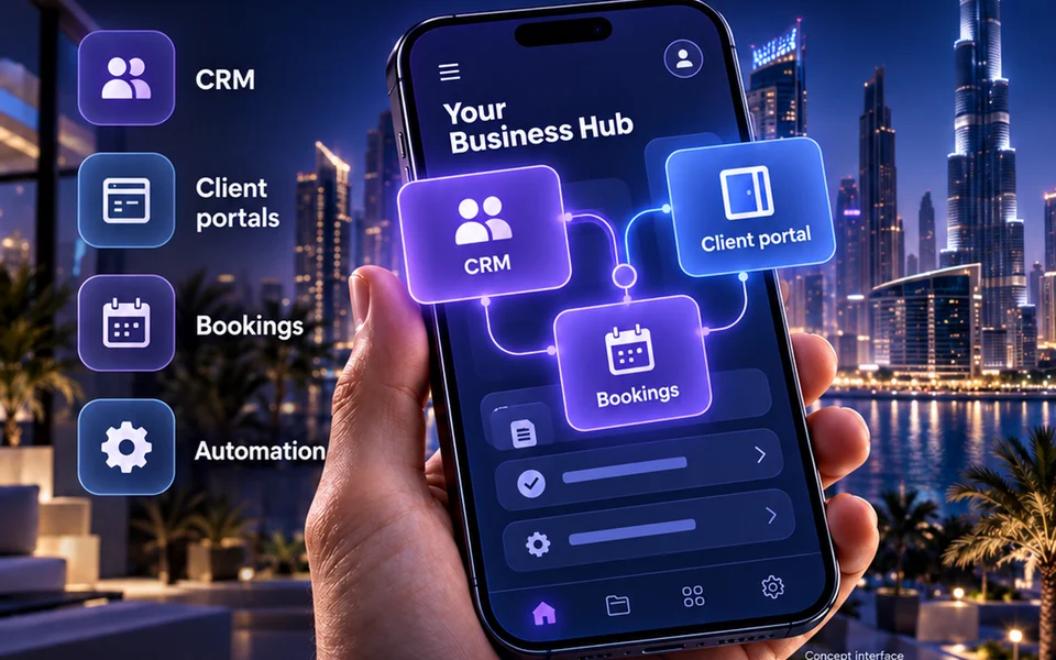 Concept illustration of a custom business hub with CRM, client portal and bookings on a phone in Dubai.