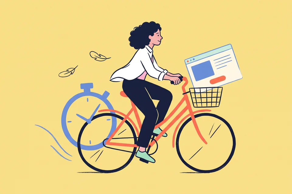 A cyclist carries a lightweight browser window in her basket, beside a large blue stopwatch.