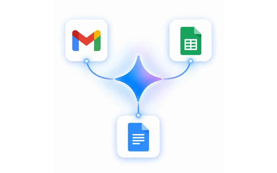 Editorial illustration of Gemini connecting email, spreadsheets and documents.