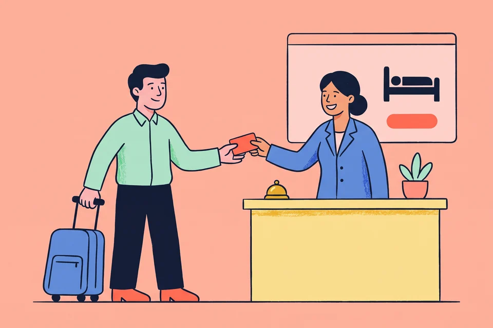 A receptionist hands a key card to a traveller with a suitcase, in front of a booking page showing a bed.