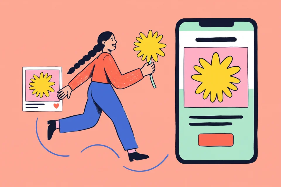 A woman carries a yellow flower from an advertisement to a phone page showing the same flower.