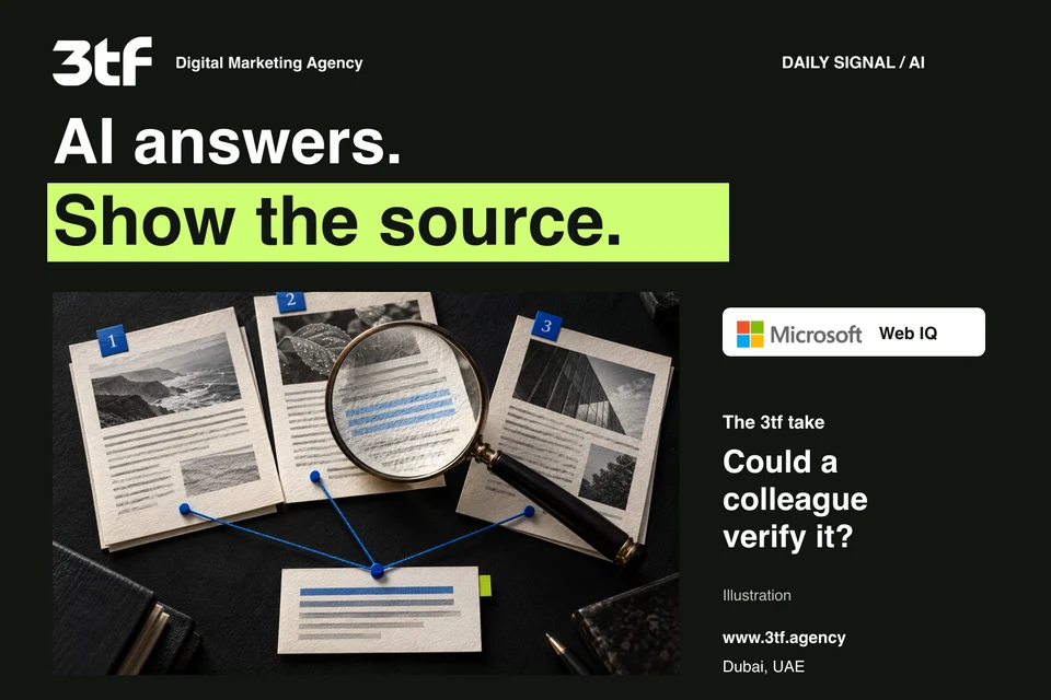 Conceptual illustration of numbered source documents and a magnifying glass, with Microsoft Web IQ and original 3tf branding.