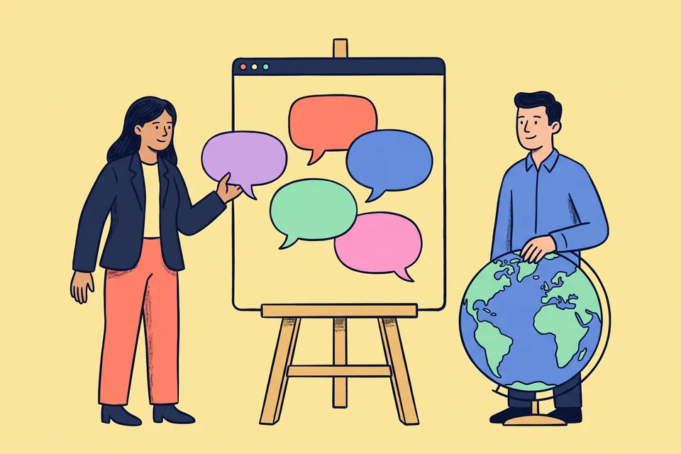 A consultant adds a fifth speech bubble to a browser board while her colleague rests a hand on a globe.