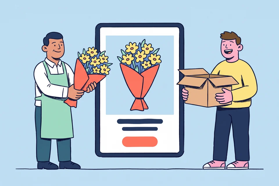 A shopkeeper holds a bouquet that matches the one on a large product page, while a shopper waits with an open box.