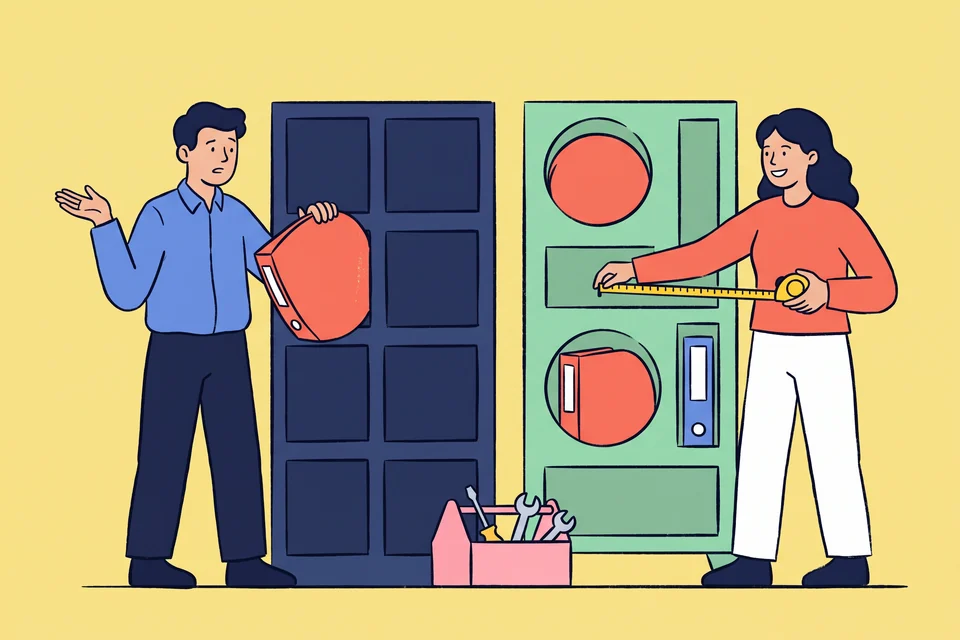 One colleague struggles to fit a round folder into a ready-made cabinet while another measures a cabinet built to fit.