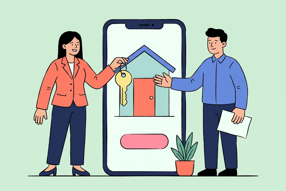 A property agent holds out a large key to a buyer beside a phone showing a house.
