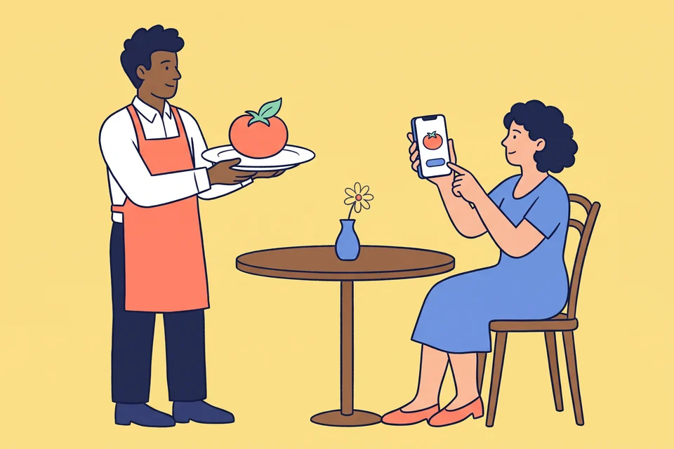 A waiter brings a tomato dish on a plate while a guest at a café table taps the same dish on her phone.
