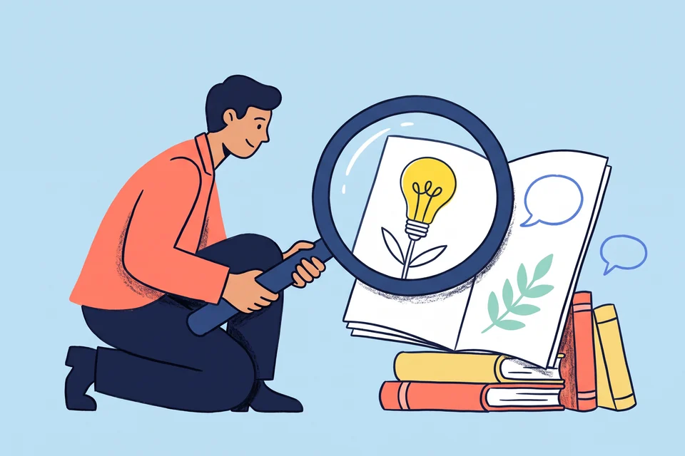 A researcher uses a magnifying glass to find a bright idea on a page beside a stack of books.