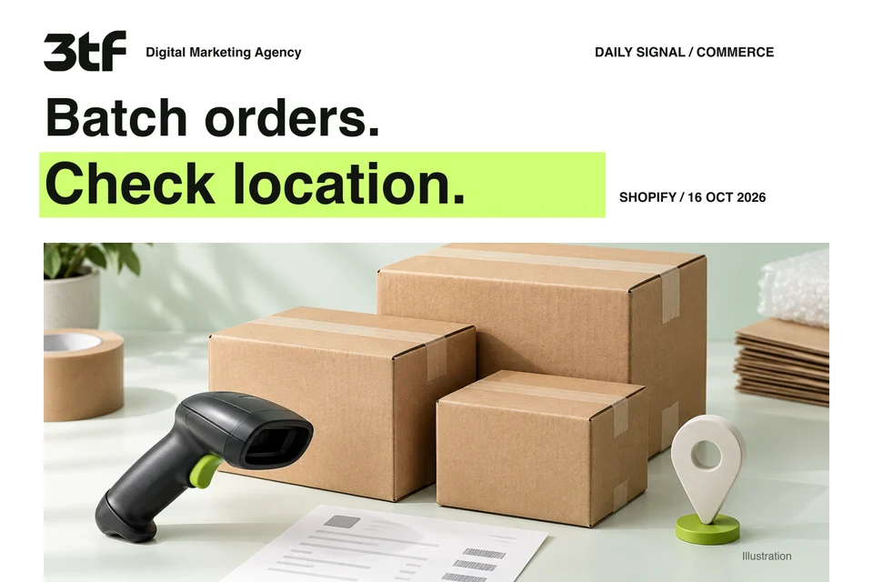 Conceptual illustration of parcels and a barcode scanner on a packing table, with original 3tf branding and a warehouse eligibility reminder.