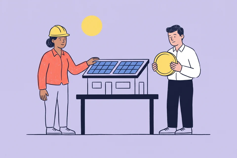 A solar adviser rests a hand on a model house with rooftop panels while a building owner holds a large coin.