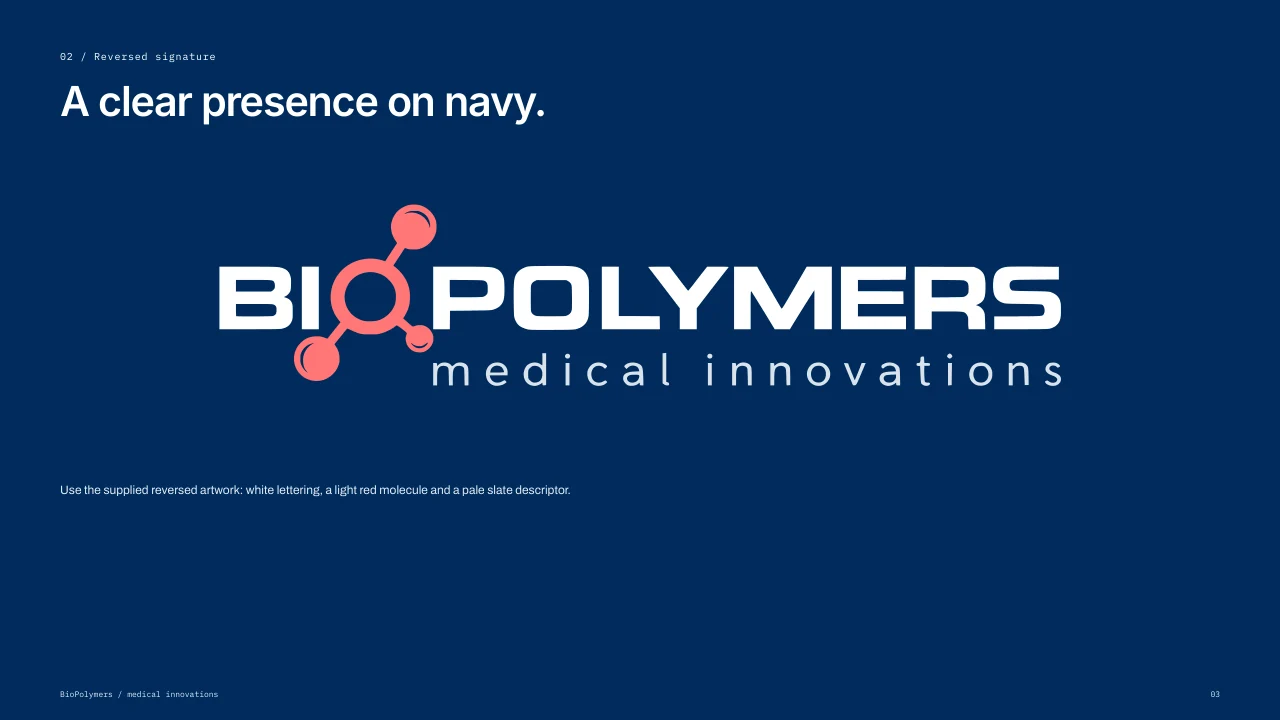 BioPolymers: The reversed signature on navy.