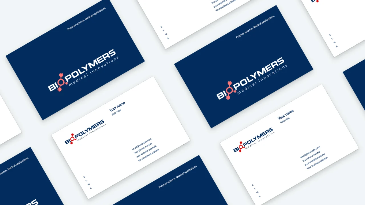 BioPolymers: The original uppercase wordmark anchors a navy-and-red system for medical materials and communication.