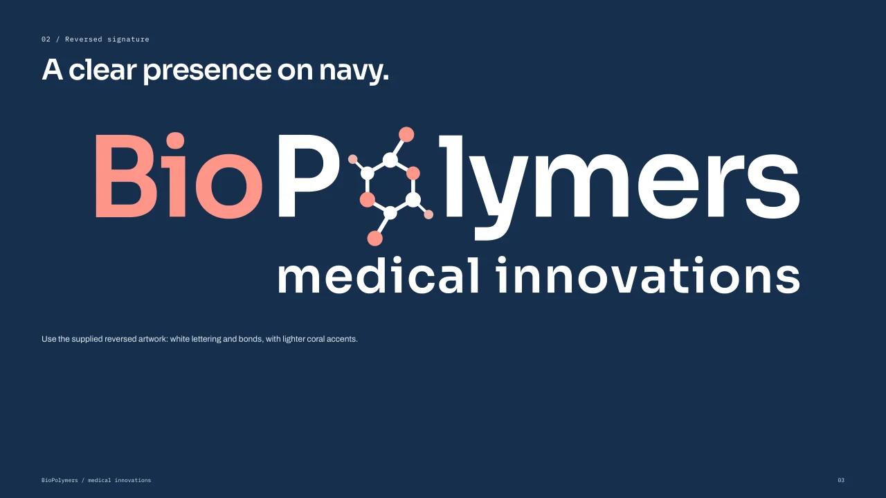 BioPolymers: The reversed signature on navy.