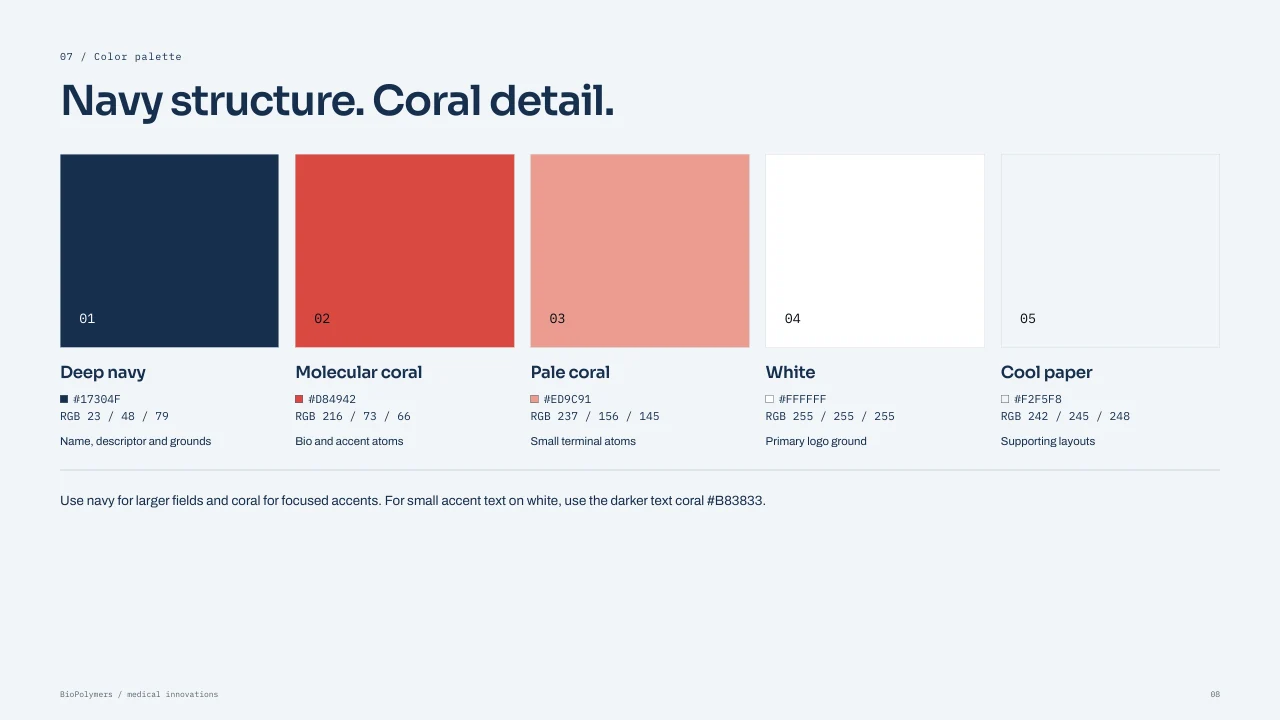 BioPolymers: Navy and coral colour specifications.