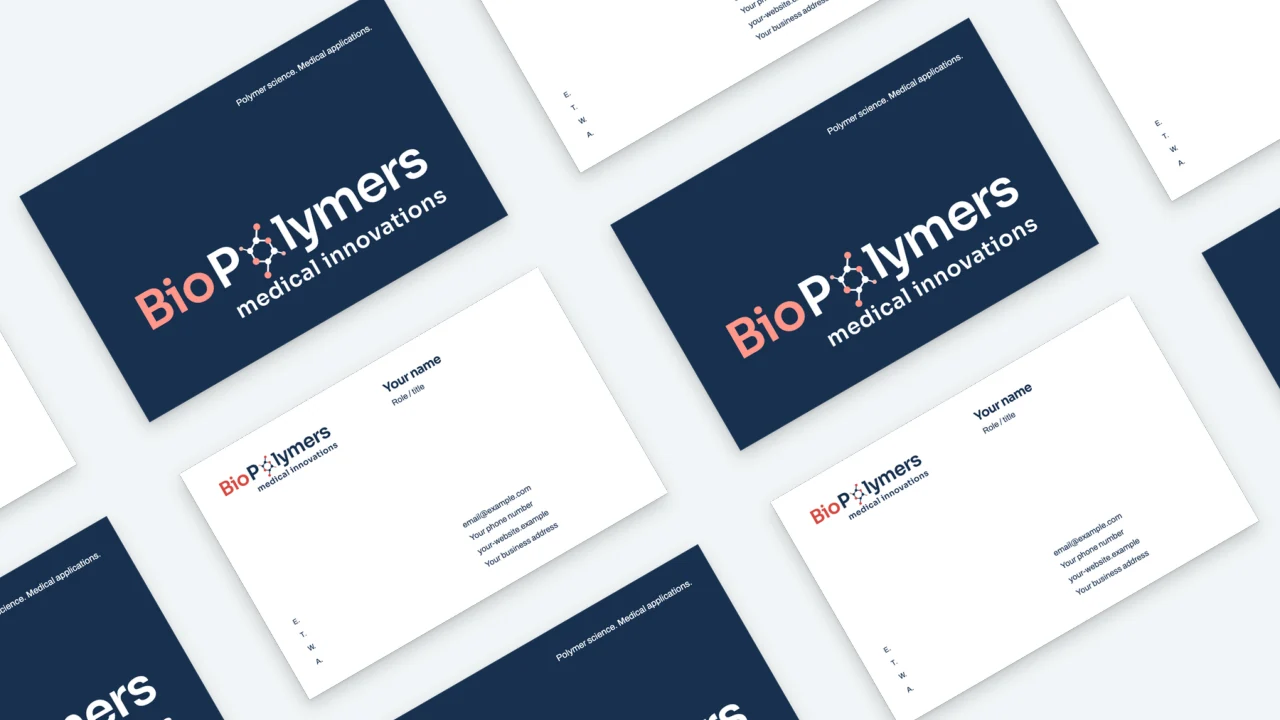 BioPolymers: A Sora wordmark and molecular detail connect a medical-materials identity across print and digital applications.