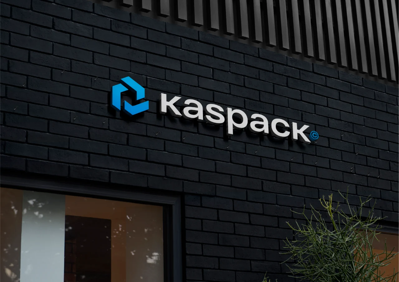 Kaspack: A blue geometric symbol develops Kaspack’s existing packaging identity into a consistent application system.