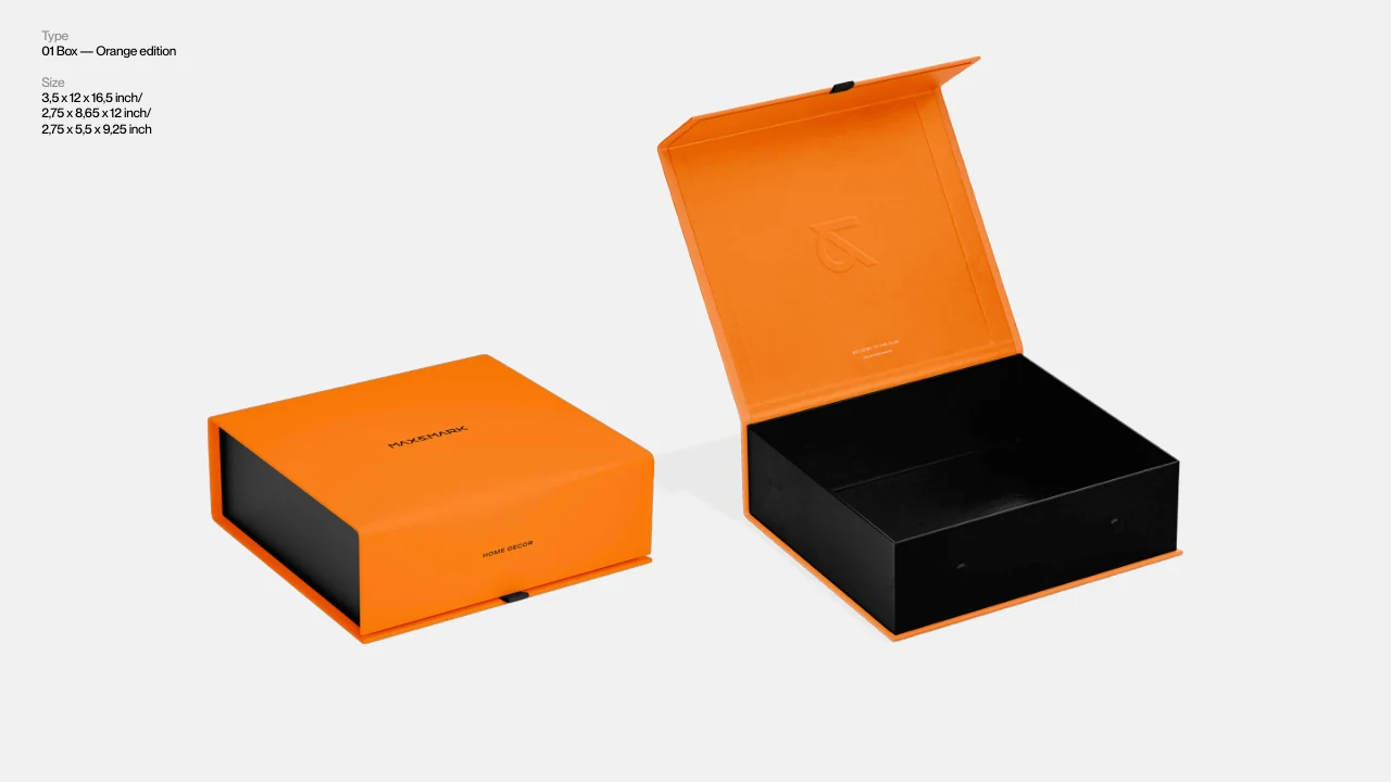 Max and Mark: A revised orange palette and three box designs develop the Max and Mark packaging system.