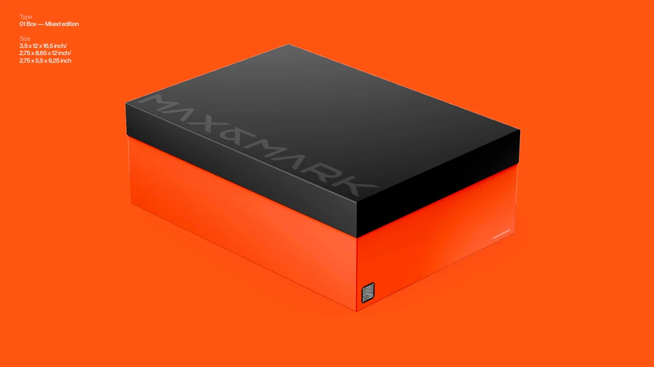 Max and Mark: Orange and black connect a collection of boxes, bags, gift cards and wrapping materials.