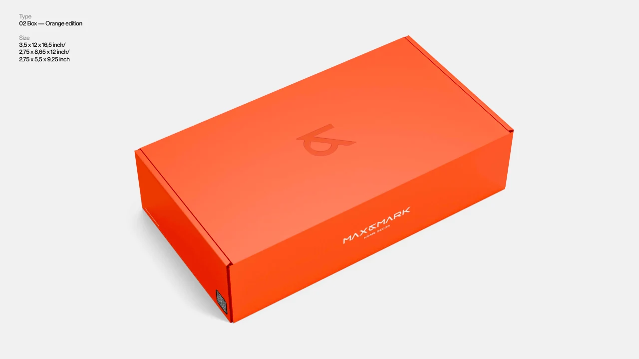 Max and Mark: A slim orange box with the standalone symbol.