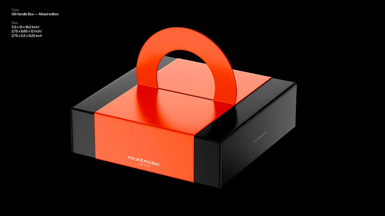 Max and Mark: A handle box combining the brand colours.