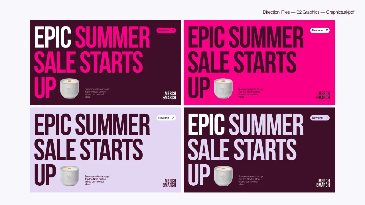 Merch and March: Campaign layouts with a consistent typographic voice.