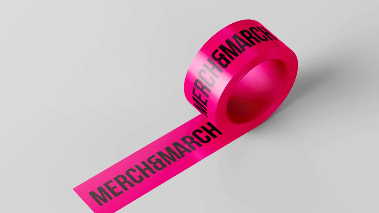 Merch and March: Packaging tape as a repeating brand element.