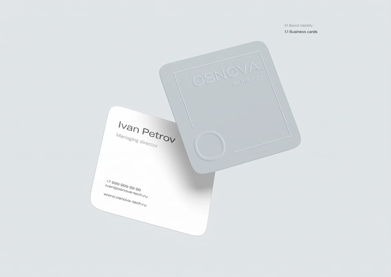 Osnova: Business cards in the brand palette.