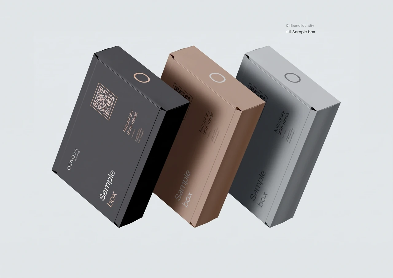 Osnova: A soft neutral palette and circular details bring consistency to a wide set of physical brand applications.