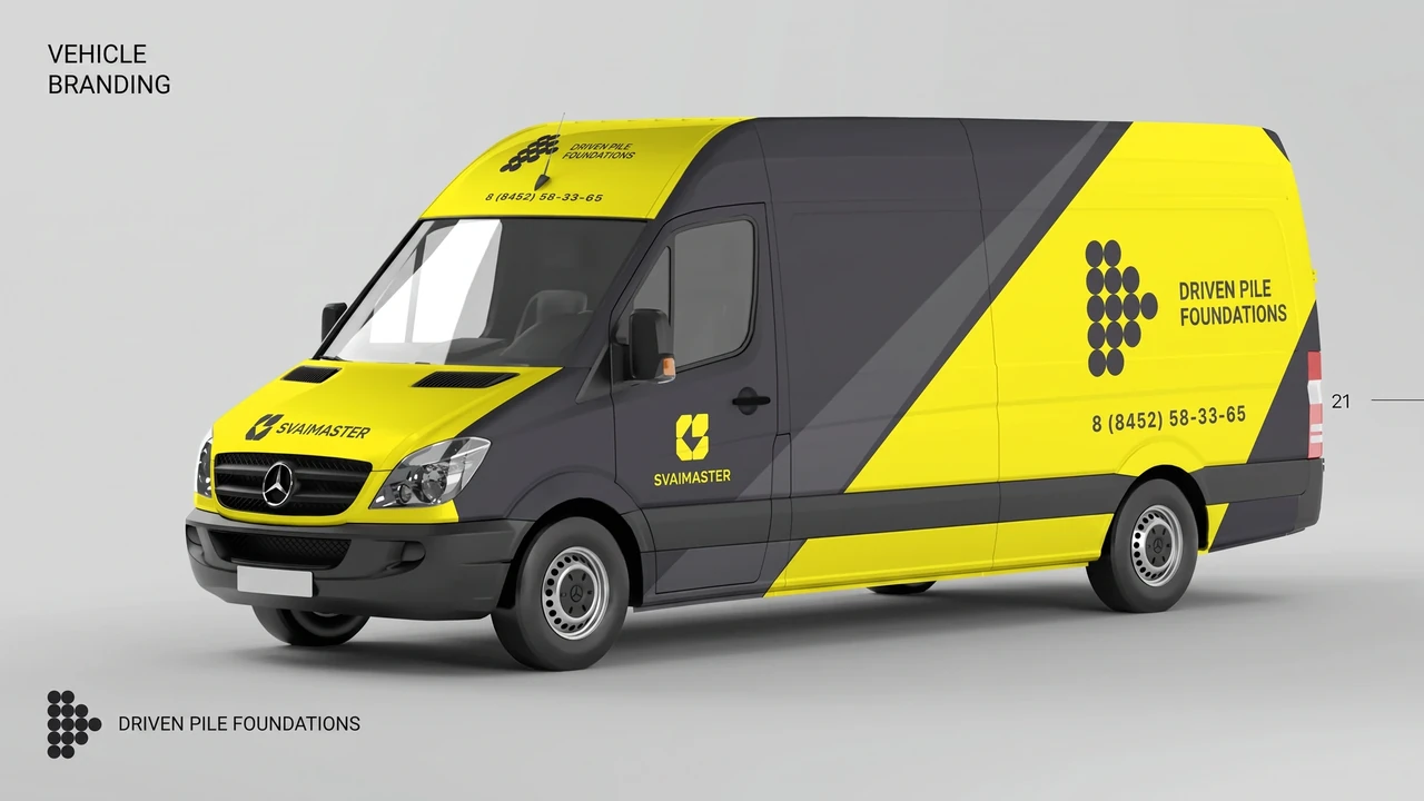 Svaimaster: A yellow-and-charcoal identity designed to stay recognisable on construction equipment, workwear and vehicles.