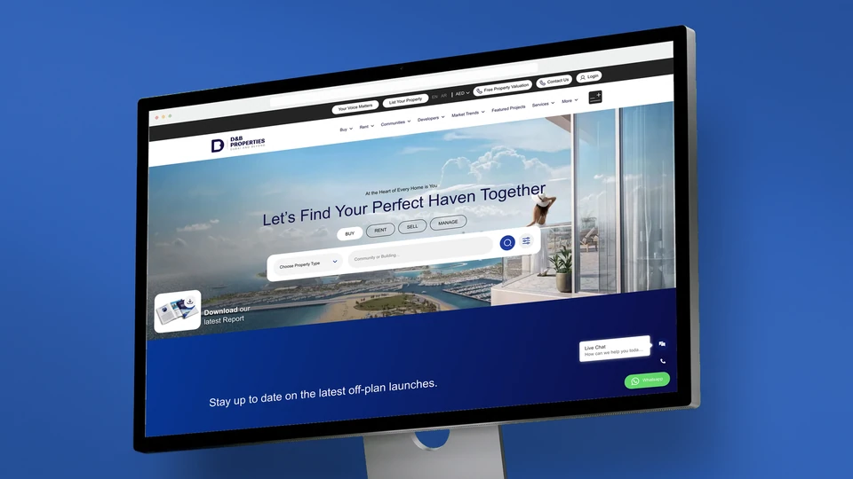 D and B Properties’ Dubai home search website on a freestanding aluminium display