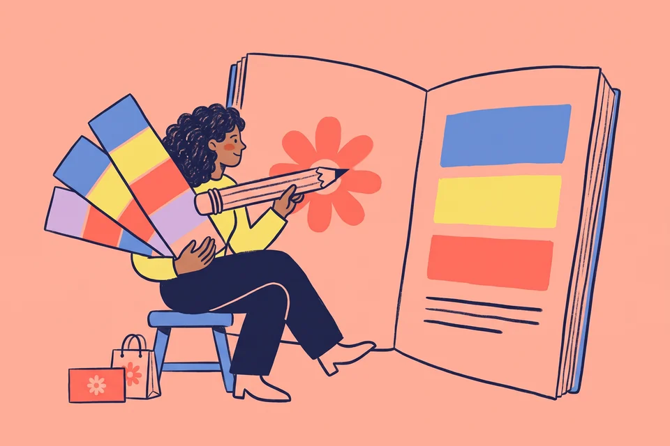 A designer develops a brandbook with a flower symbol, colours and matching applications.