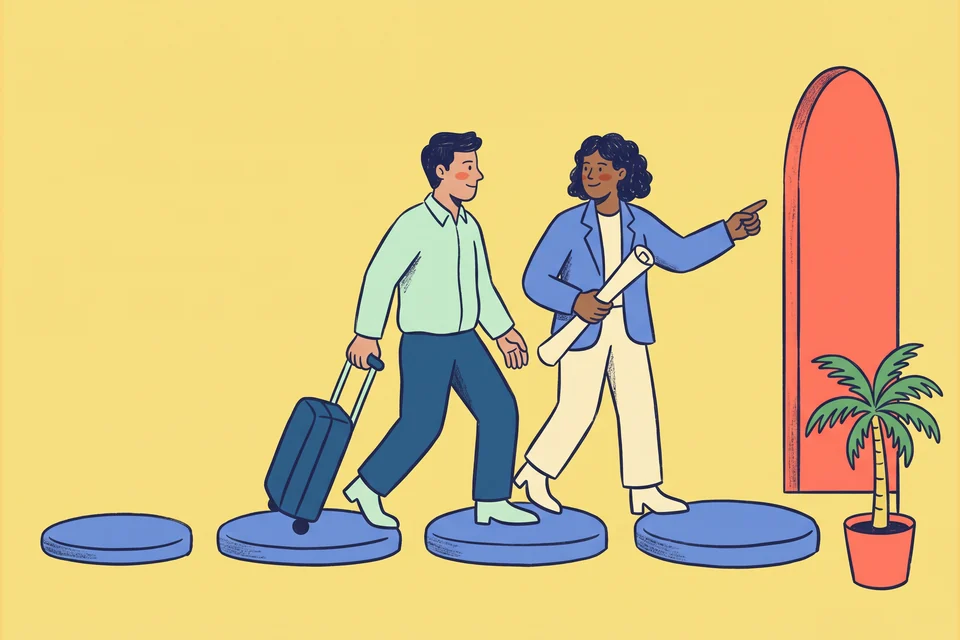A consultant guides a founder with a suitcase along stepping stones toward an open doorway.
