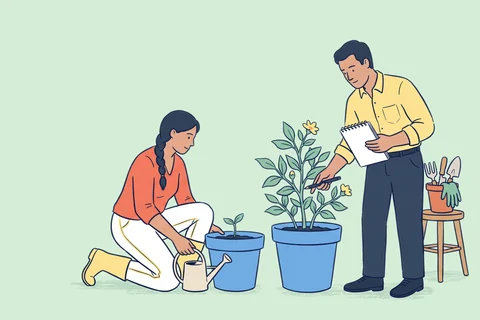 Two people nurturing plants at different stages of growth
