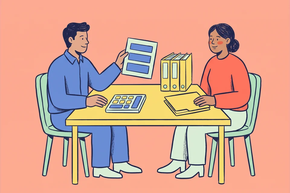An accountant and business owner review a document at a tidy desk.