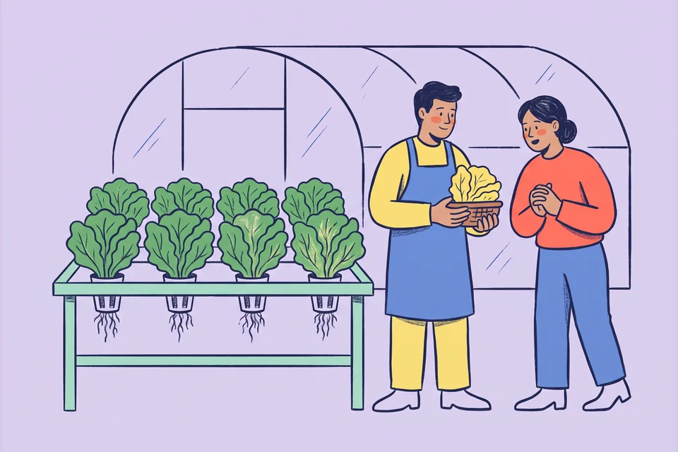 A hydroponic grower shows a lettuce harvest to a restaurant buyer.