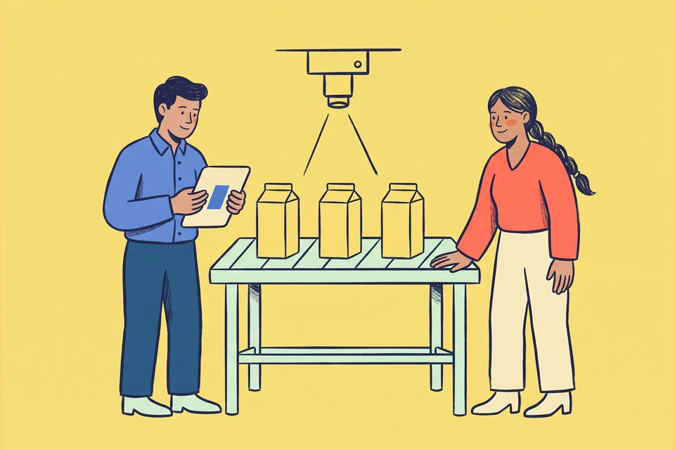 An automation specialist and warehouse manager review a camera inspection station.