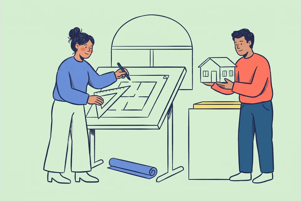 An architect and engineer review a villa plan and a small architectural model.