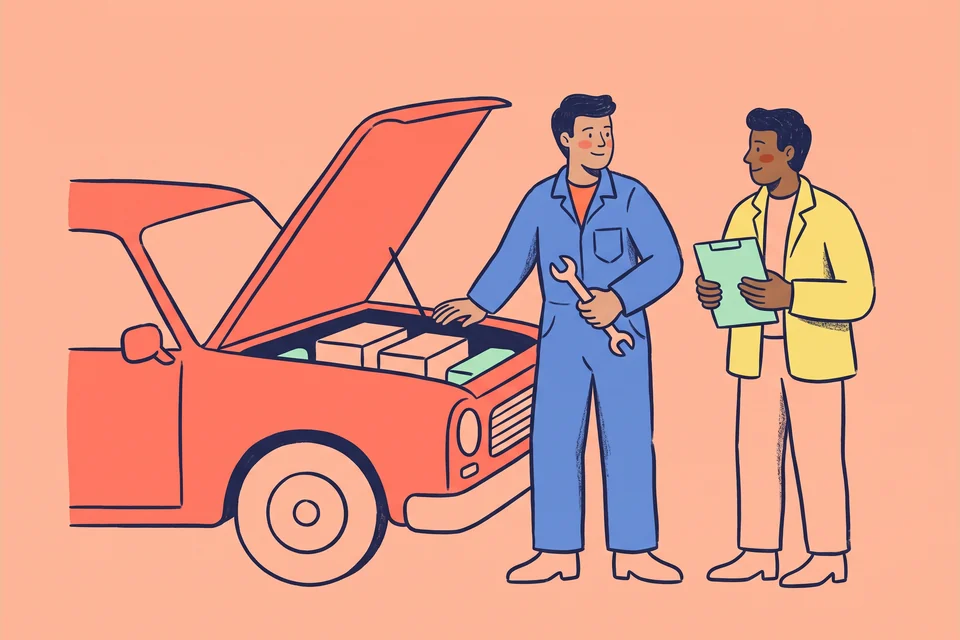 A mechanic explains a service beside a car with its bonnet open.
