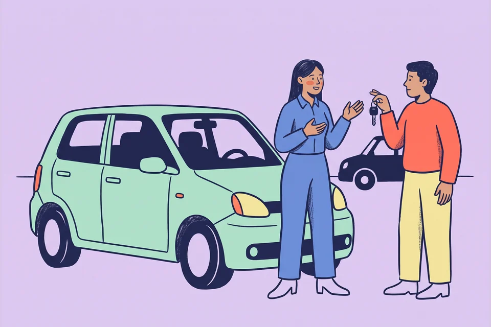A vehicle salesperson and buyer stand beside a car in a showroom.