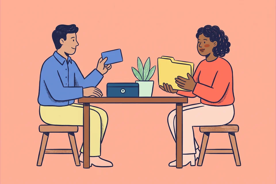 A bank relationship manager presents a card to a small business owner.
