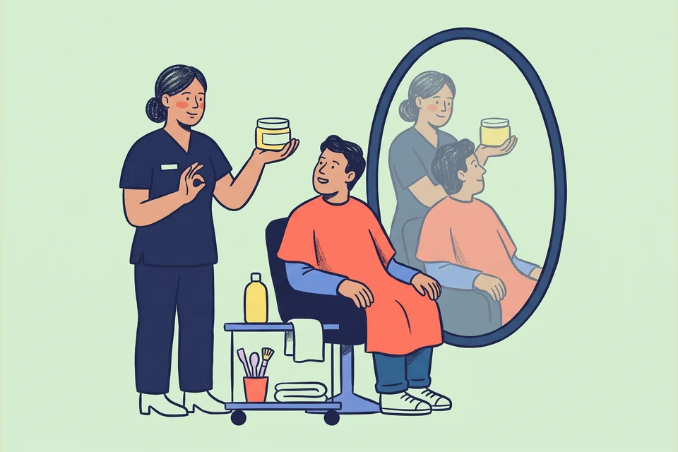 A beauty therapist presents a skincare jar during a salon consultation.