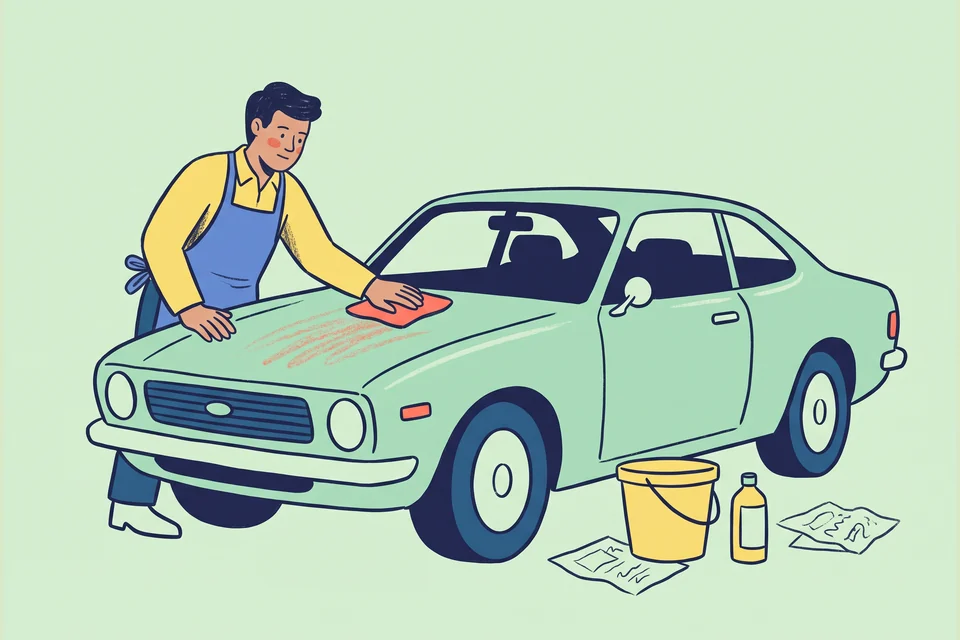A car detailer wipes a coupe bonnet with a microfibre cloth.