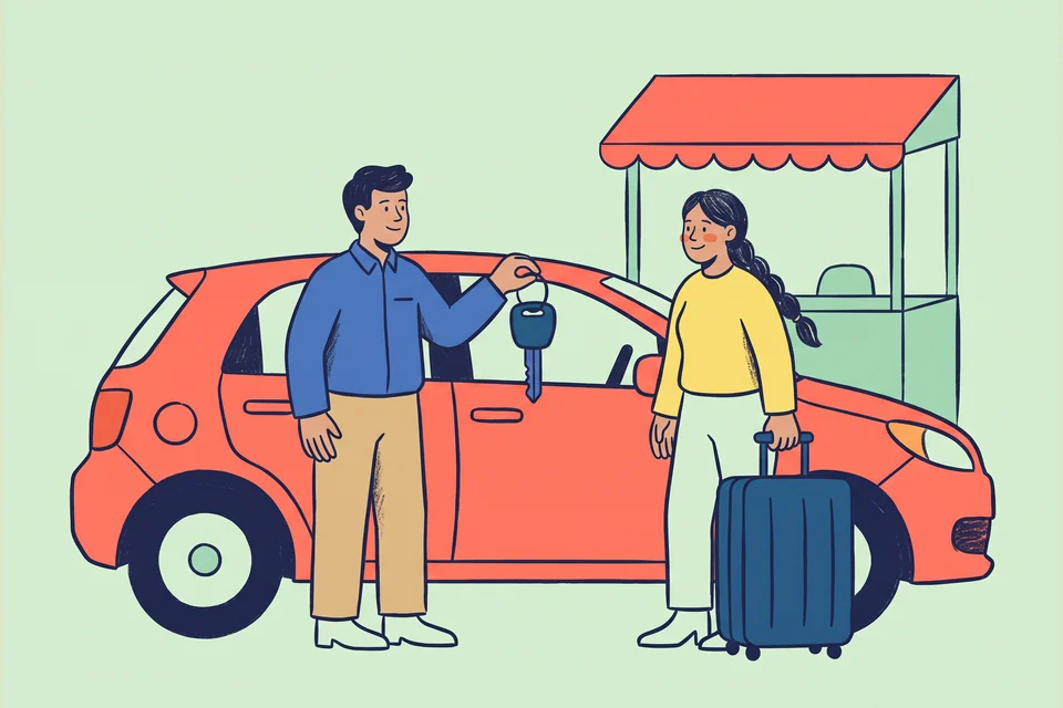 A car rental attendant shows a key to a traveller beside a parked car.