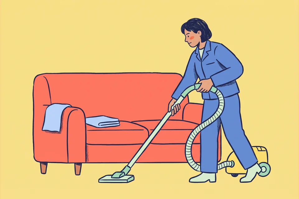 A professional cleaner vacuums beside a sofa with a canister vacuum.