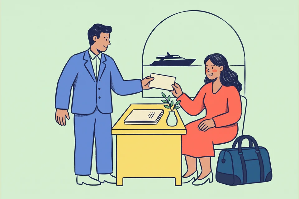 A concierge welcomes a guest with an invitation card beside an itinerary folder.