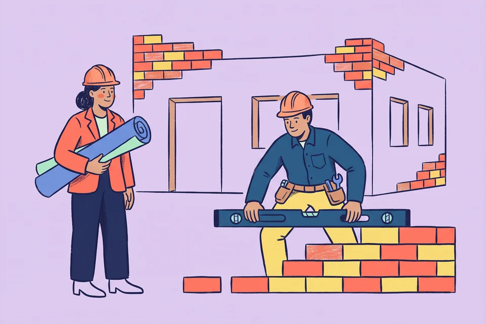 A site supervisor and builder check a wall at a villa construction site.