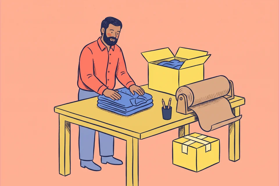An online shop owner prepares a clothing order at a packing bench.