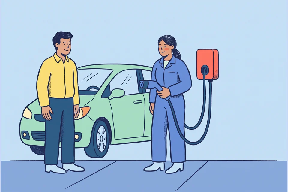 An EV installer explains a charging connector beside an electric car.